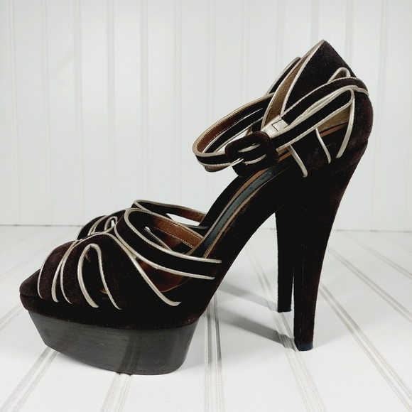 MARNI BROWN LEATHER PLATFORM ANKLE STRAP SANDALS D161 - Picture 1 of 14